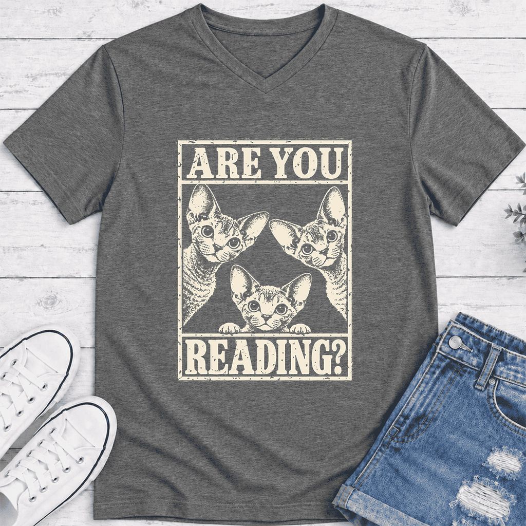 ARE YOU READING Devon Rex Ultra-Soft V-Neck | Cat Lover Gift Deep Heather