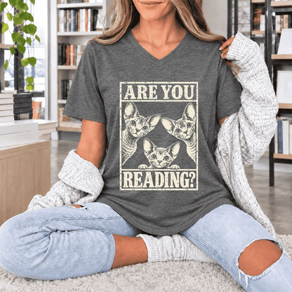 ARE YOU READING Devon Rex Ultra-Soft V-Neck | Cat Lover Gift Deep Heather