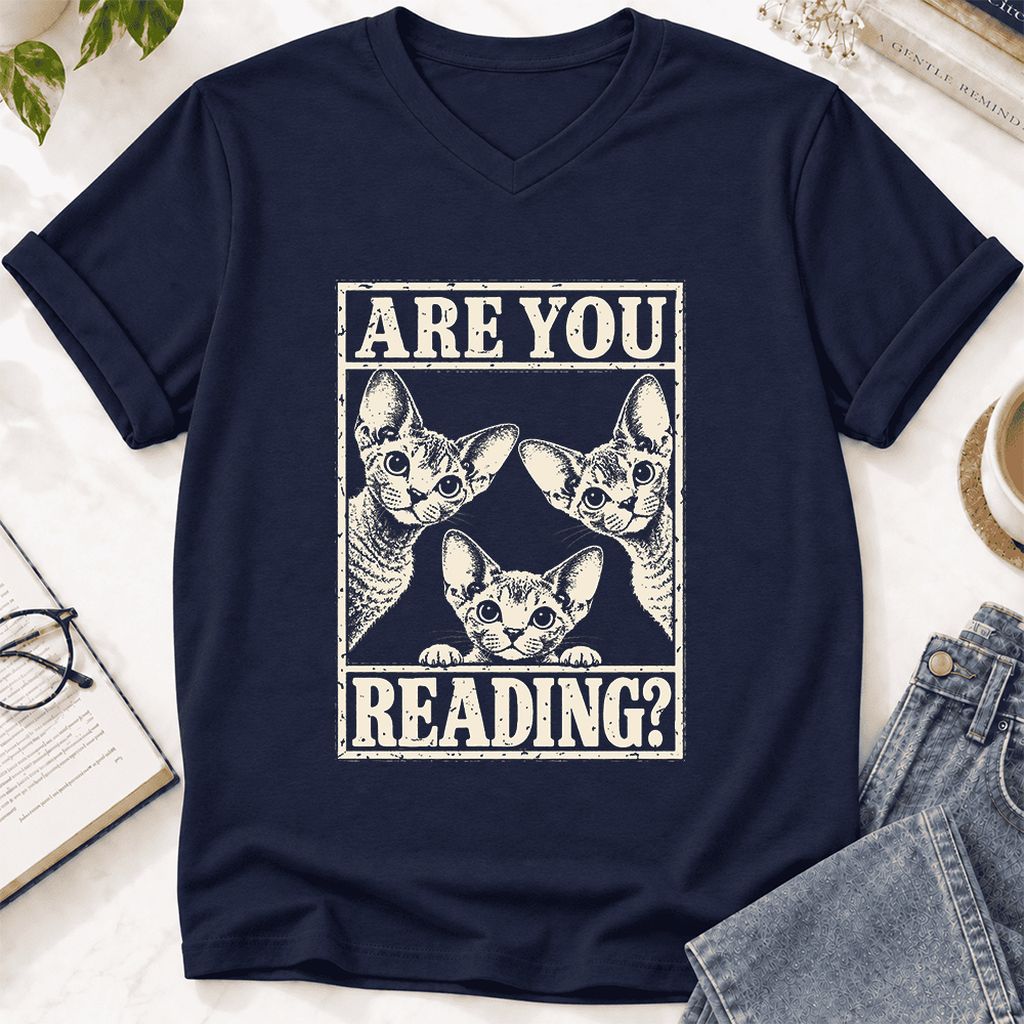 ARE YOU READING Devon Rex Ultra-Soft V-Neck | Cat Lover Gift Navy