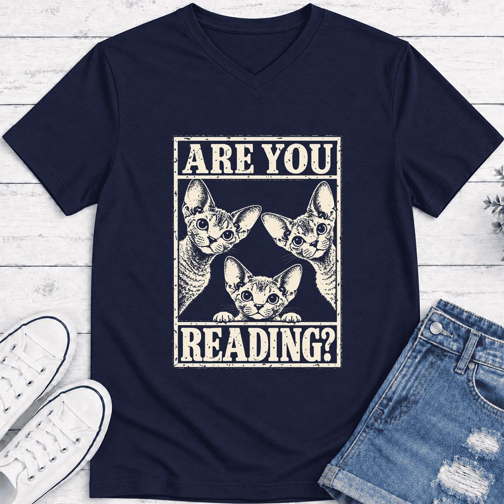 ARE YOU READING Devon Rex Ultra-Soft V-Neck | Cat Lover Gift Navy