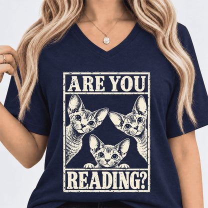 ARE YOU READING Devon Rex Ultra-Soft V-Neck | Cat Lover Gift Navy