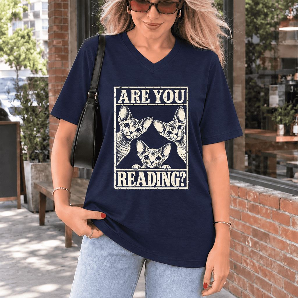 ARE YOU READING Devon Rex Ultra-Soft V-Neck | Cat Lover Gift Navy