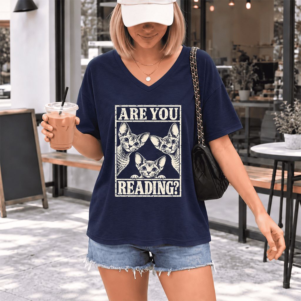 ARE YOU READING Devon Rex Ultra-Soft V-Neck | Cat Lover Gift Navy
