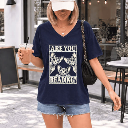 ARE YOU READING Devon Rex Ultra-Soft V-Neck | Cat Lover Gift Navy