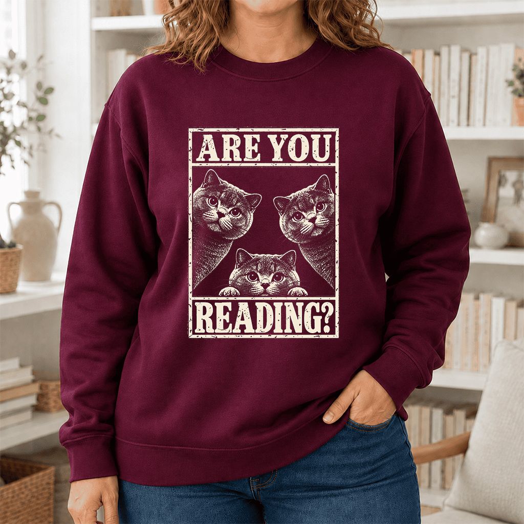 ARE YOU READING? British Shorthair Printed Sweatshirt | Cat Lover Gift Maroon