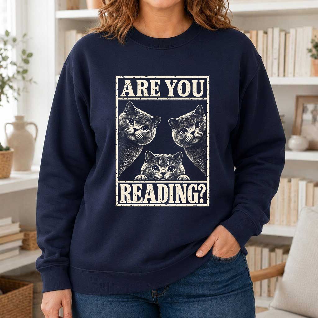 ARE YOU READING? British Shorthair Printed Sweatshirt | Cat Lover Gift Navy