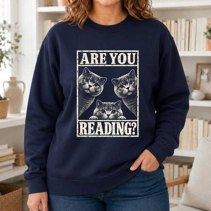 ARE YOU READING? British Shorthair Printed Sweatshirt | Cat Lover Gift Navy