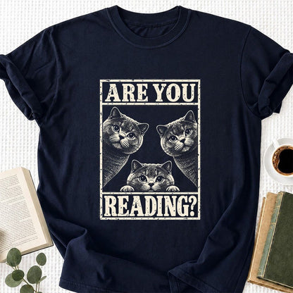 ARE YOU READING? British Shorthair Printed T-Shirt | Cat Lover Gift Navy