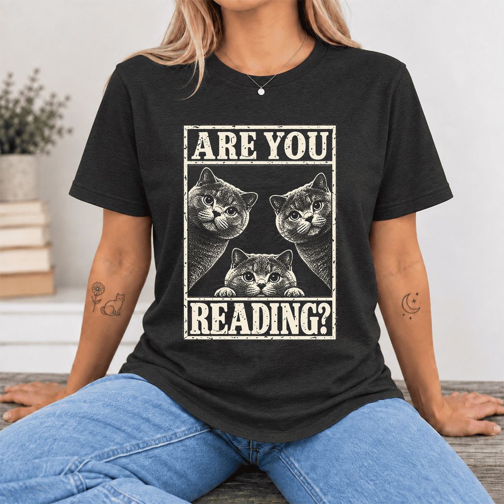 ARE YOU READING? British Shorthair Ultra-Soft Cotton T-Shirt | Cat Lover Gift Black Heather