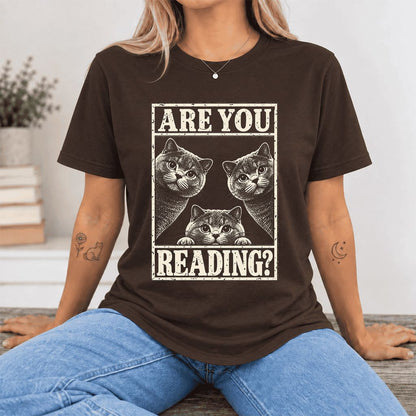 ARE YOU READING? British Shorthair Ultra-Soft Cotton T-Shirt | Cat Lover Gift Brown