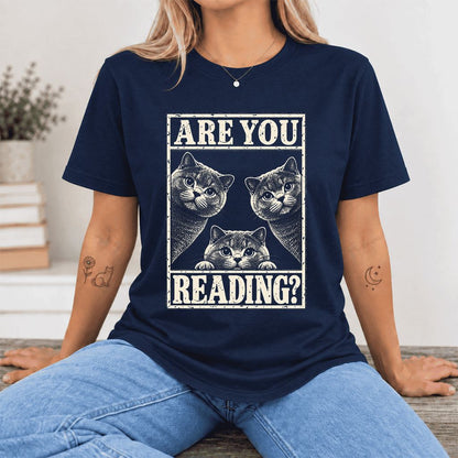 ARE YOU READING? British Shorthair Ultra-Soft Cotton T-Shirt | Cat Lover Gift Navy