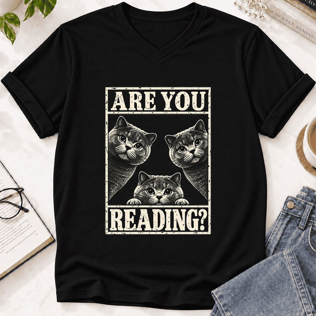 ARE YOU READING? British Shorthair Ultra-Soft V-Neck | Cat Lover Gift Black