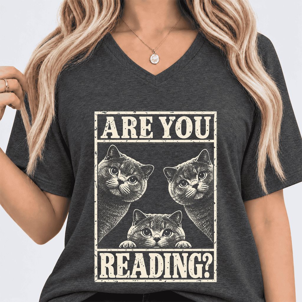 ARE YOU READING? British Shorthair Ultra-Soft V-Neck | Cat Lover Gift Dark Grey Heather