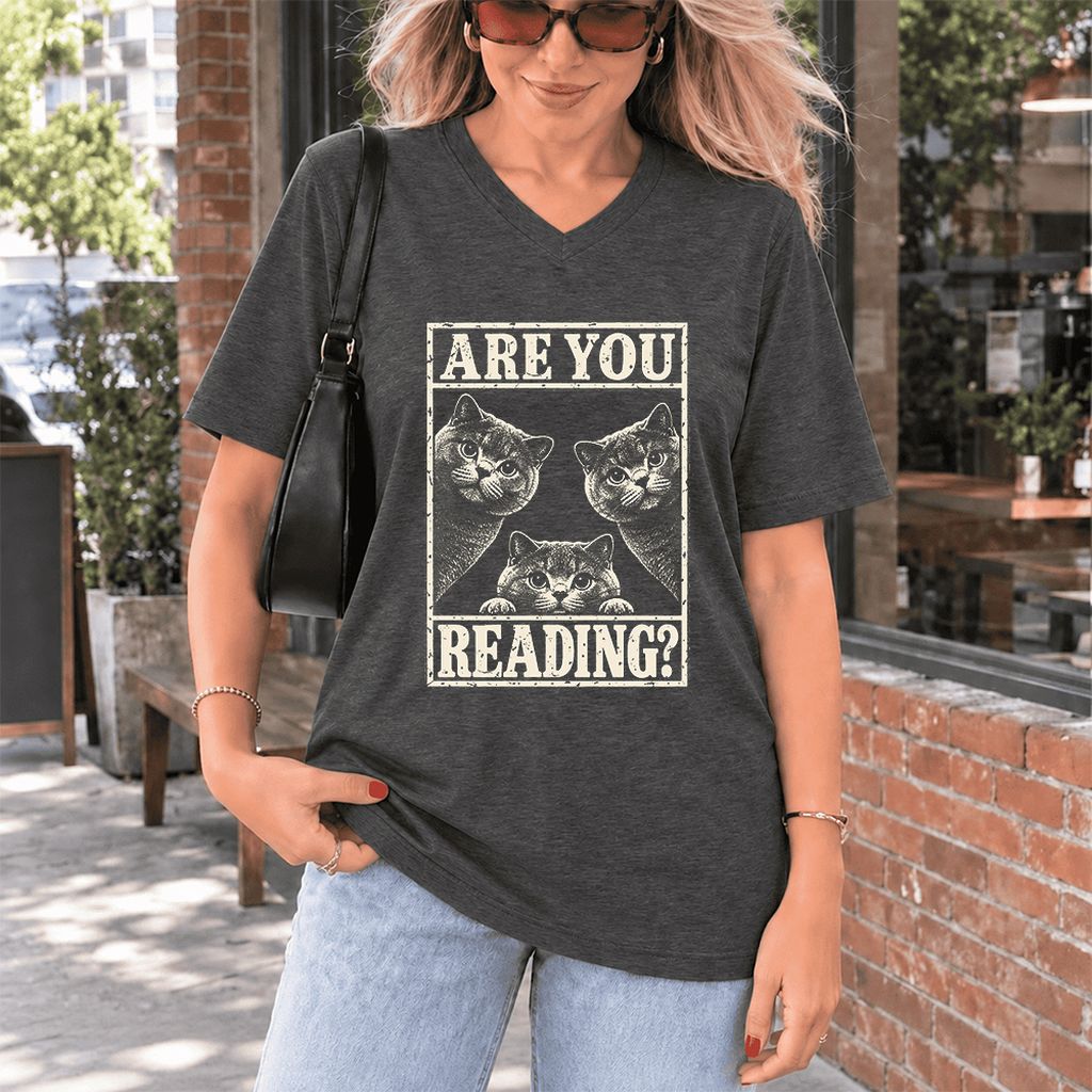 ARE YOU READING? British Shorthair Ultra-Soft V-Neck | Cat Lover Gift Dark Grey Heather