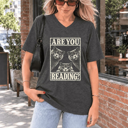 ARE YOU READING? British Shorthair Ultra-Soft V-Neck | Cat Lover Gift Dark Grey Heather