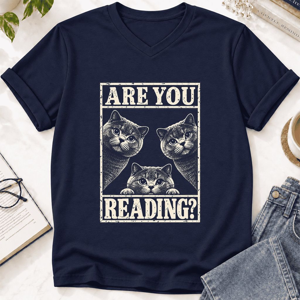 ARE YOU READING? British Shorthair Ultra-Soft V-Neck | Cat Lover Gift Navy