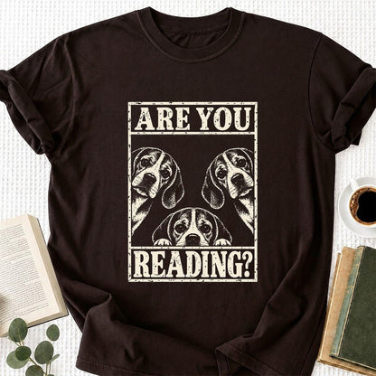ARE YOU READING Beagle Printed T-Shirt | Dog Mom Reader Gift Dark Chocolate