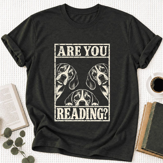 ARE YOU READING Beagle Ultra-Soft Cotton T-Shirt | Dog Mom Reader Gift Black Heather