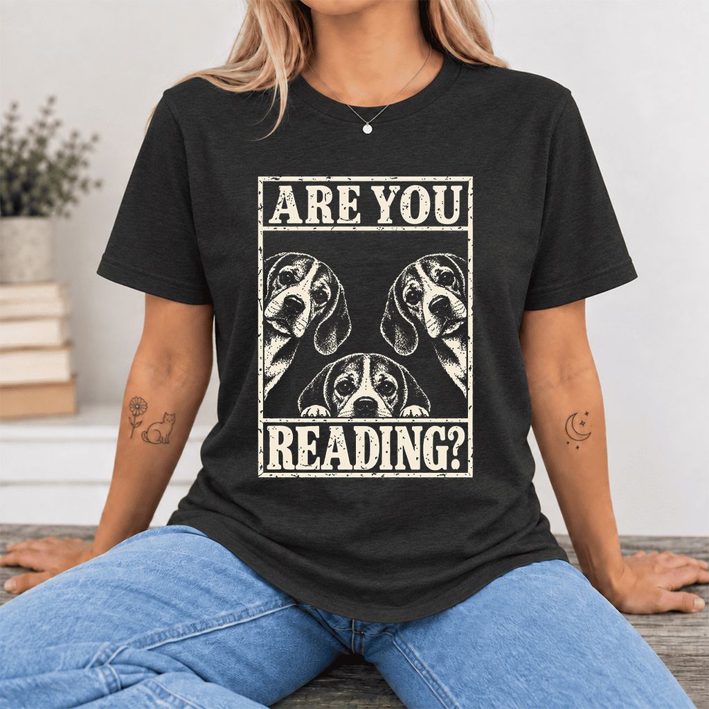 ARE YOU READING Beagle Ultra-Soft Cotton T-Shirt | Dog Mom Reader Gift Black Heather