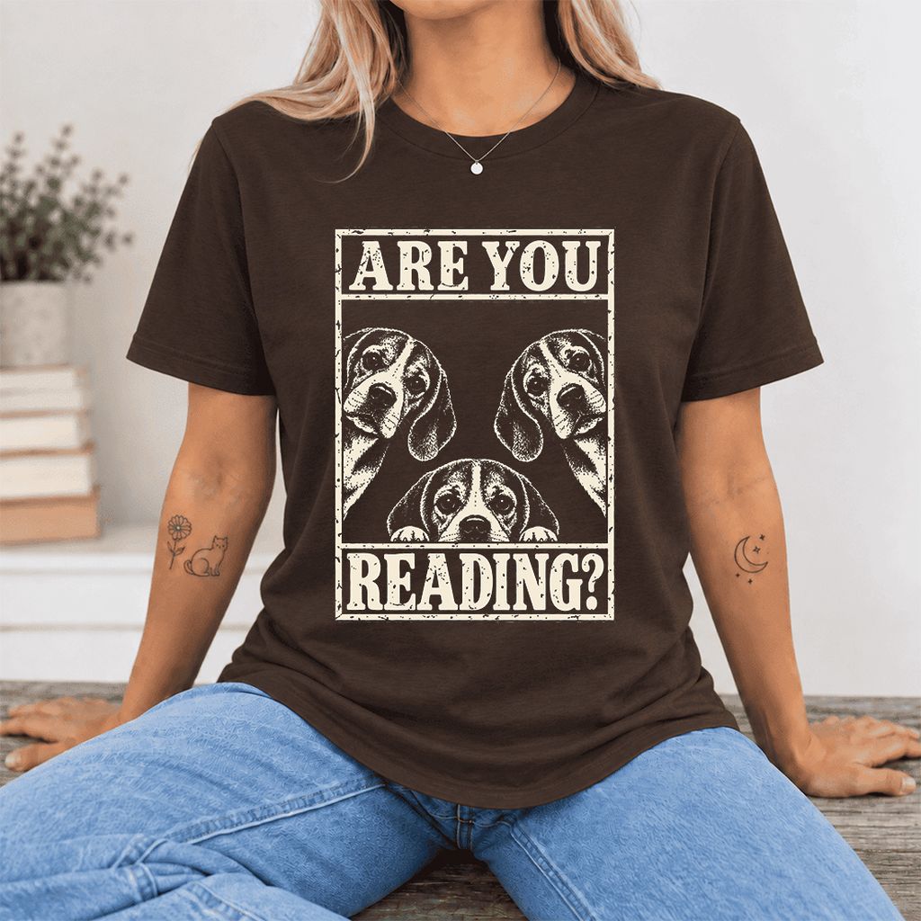 ARE YOU READING Beagle Ultra-Soft Cotton T-Shirt | Dog Mom Reader Gift Brown