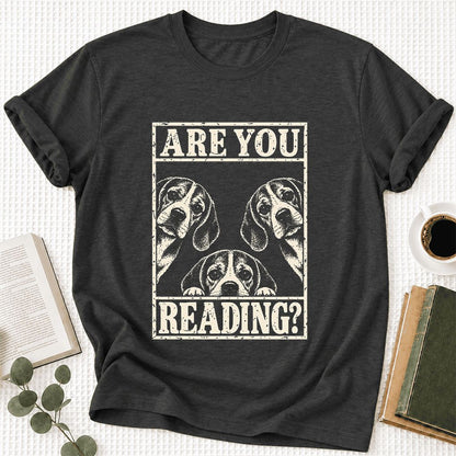 ARE YOU READING Beagle Ultra-Soft Cotton T-Shirt | Dog Mom Reader Gift Dark Grey Heather