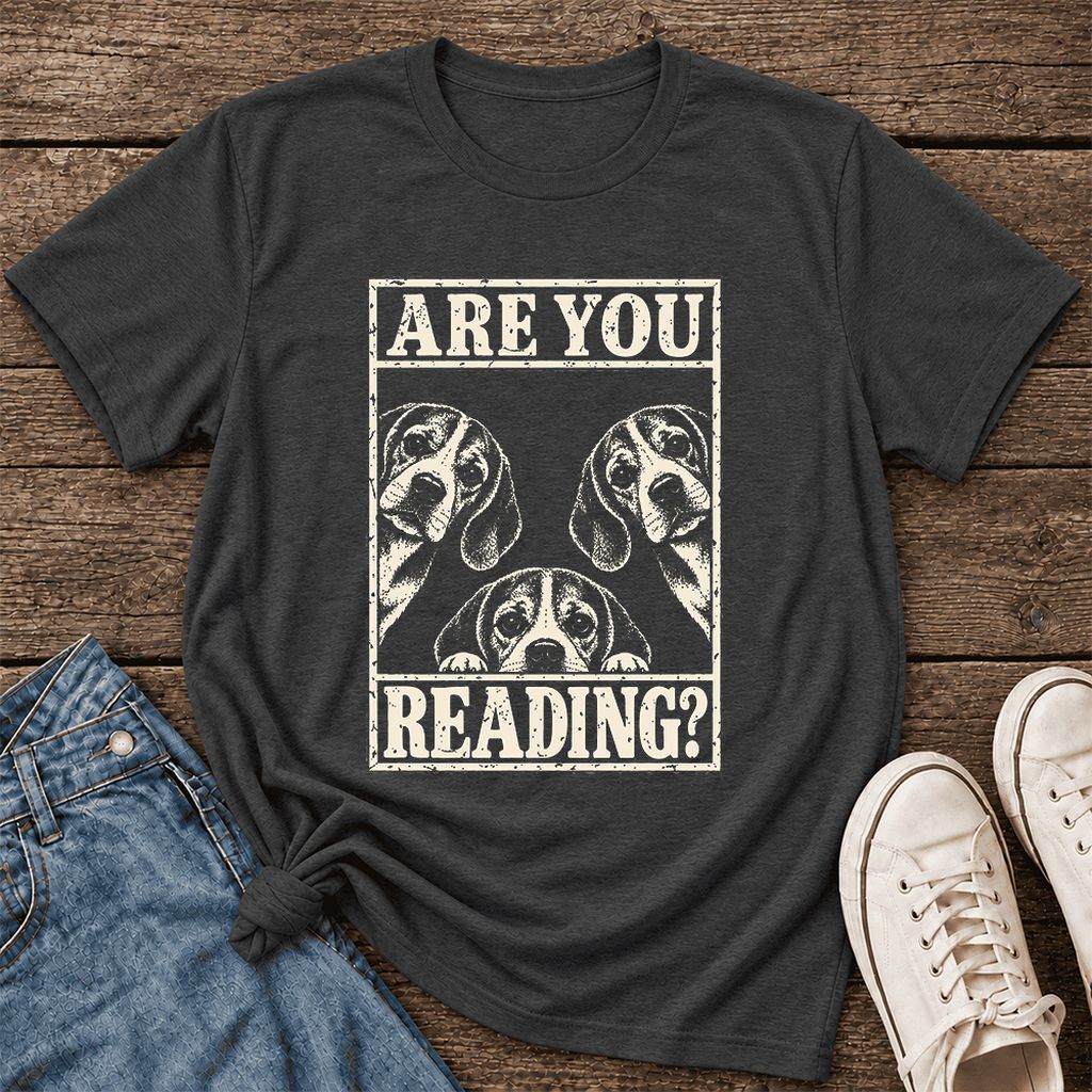 ARE YOU READING Beagle Ultra-Soft Cotton T-Shirt | Dog Mom Reader Gift Dark Grey Heather