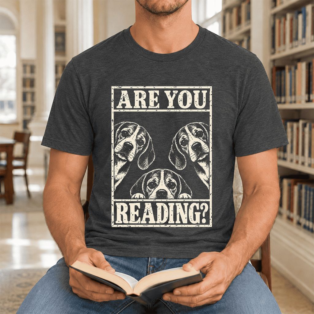 ARE YOU READING Beagle Ultra-Soft Cotton T-Shirt | Dog Mom Reader Gift Dark Grey Heather