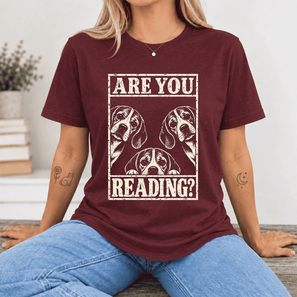 ARE YOU READING Beagle Ultra-Soft Cotton T-Shirt | Dog Mom Reader Gift Maroon
