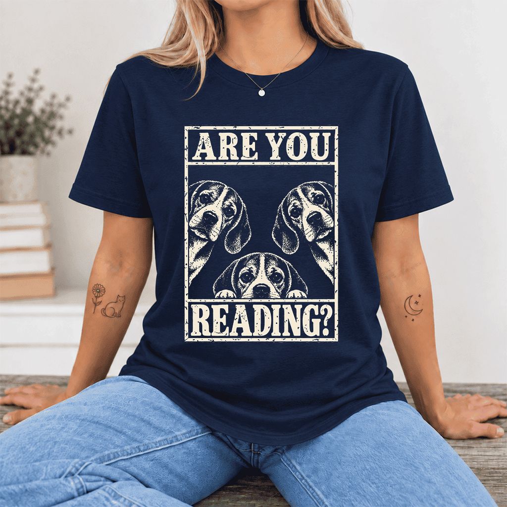 ARE YOU READING Beagle Ultra-Soft Cotton T-Shirt | Dog Mom Reader Gift Navy