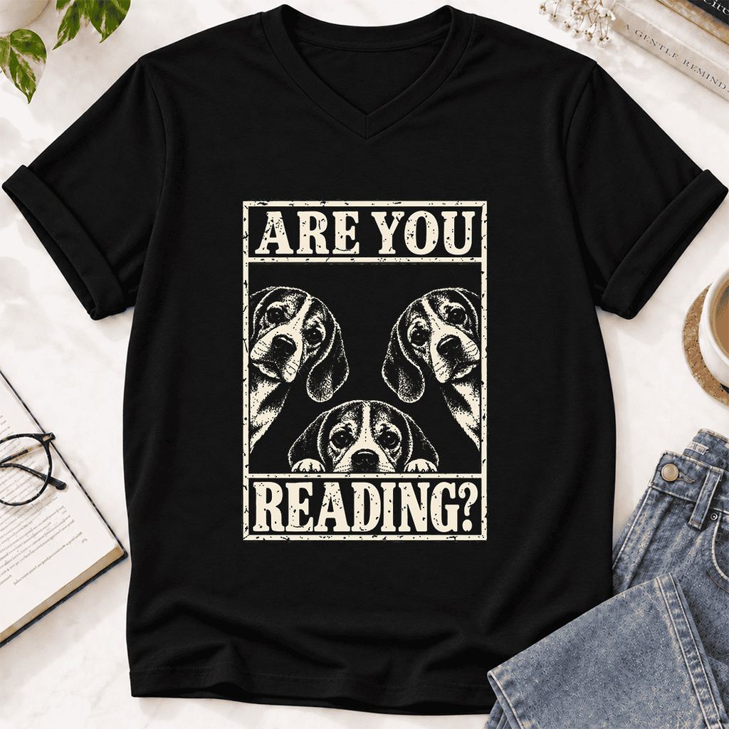 ARE YOU READING Beagle Ultra-Soft V-Neck | Dog Mom Reader Gift Black