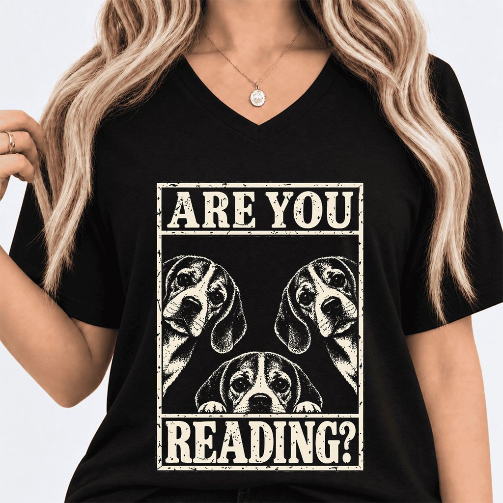 ARE YOU READING Beagle Ultra-Soft V-Neck | Dog Mom Reader Gift Black