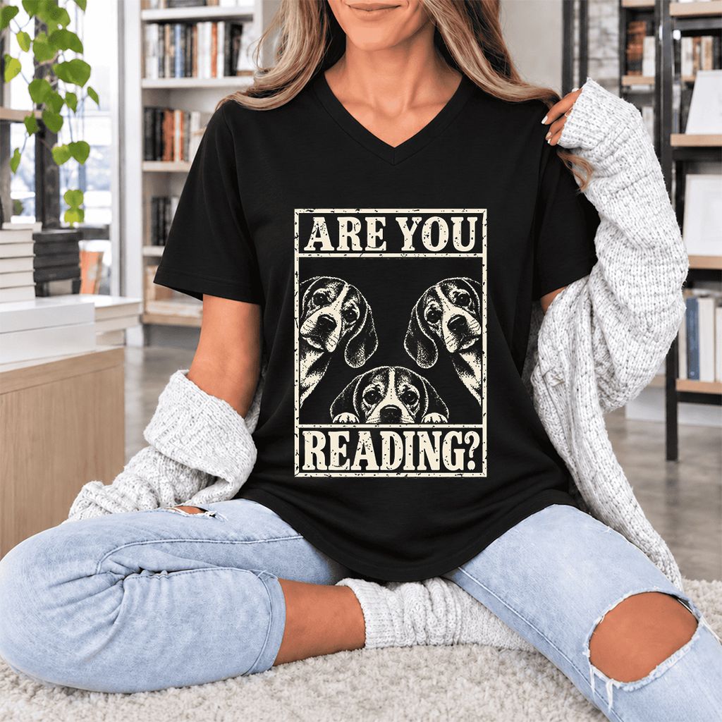 ARE YOU READING Beagle Ultra-Soft V-Neck | Dog Mom Reader Gift Black