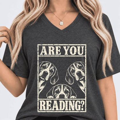 ARE YOU READING Beagle Ultra-Soft V-Neck | Dog Mom Reader Gift Dark Grey Heather