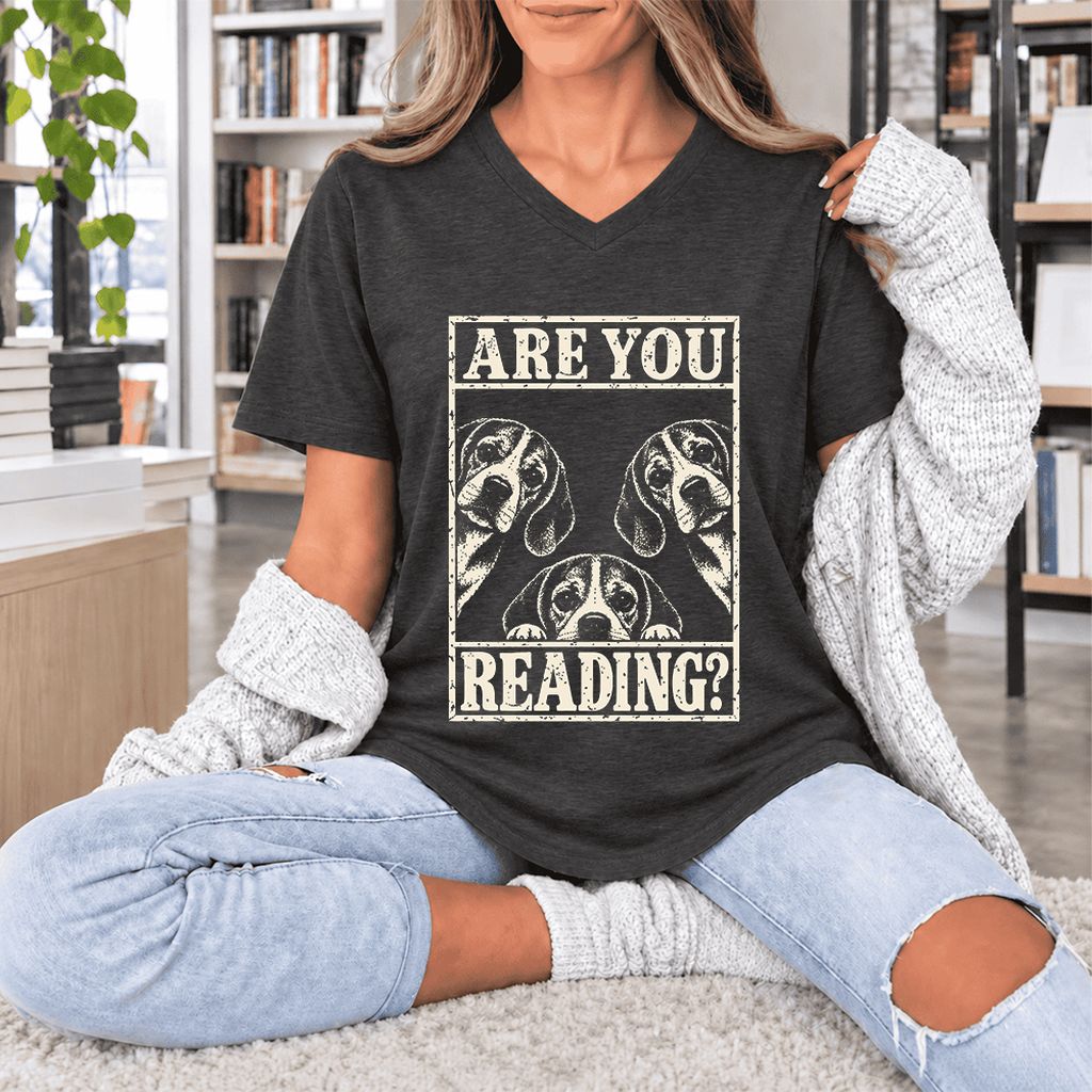 ARE YOU READING Beagle Ultra-Soft V-Neck | Dog Mom Reader Gift Dark Grey Heather