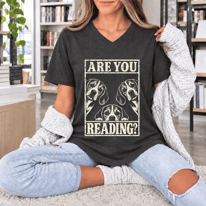 ARE YOU READING Beagle Ultra-Soft V-Neck | Dog Mom Reader Gift Dark Grey Heather