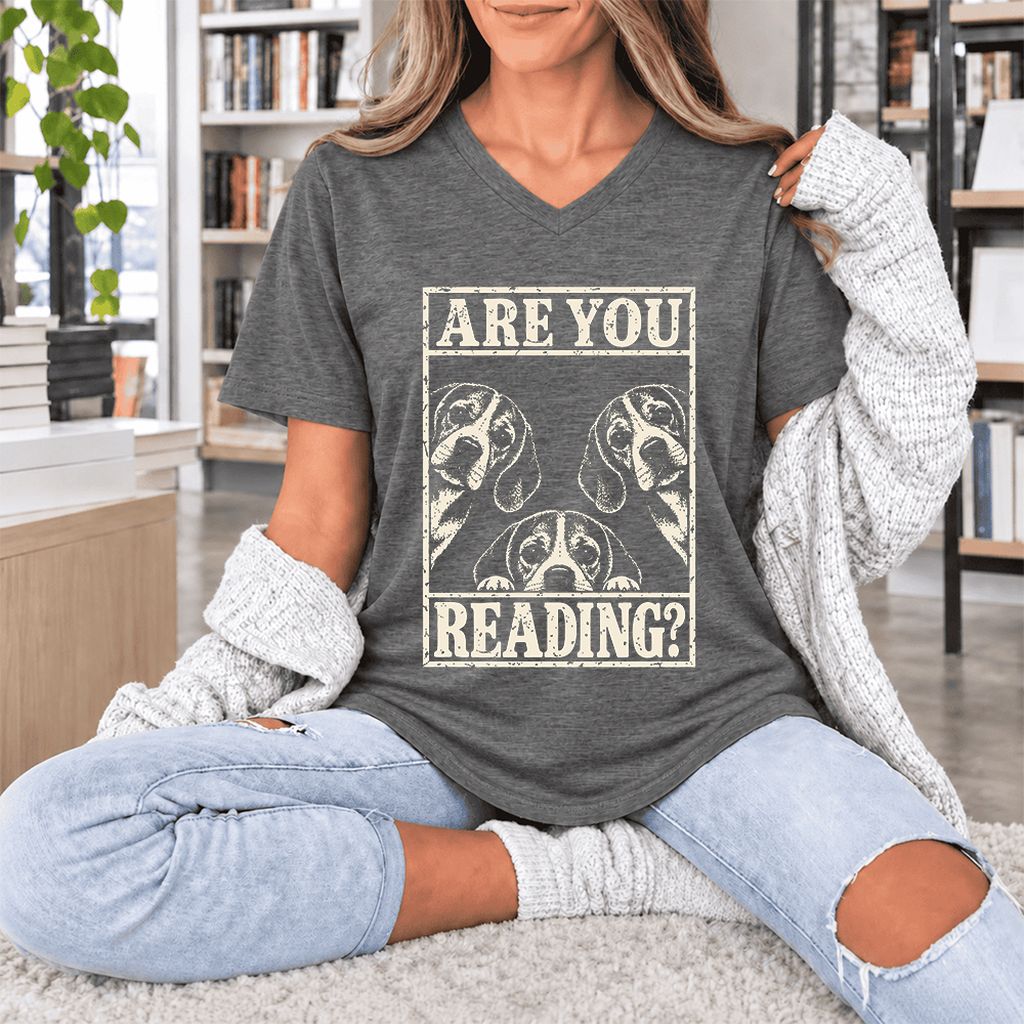 ARE YOU READING Beagle Ultra-Soft V-Neck | Dog Mom Reader Gift Deep Heather