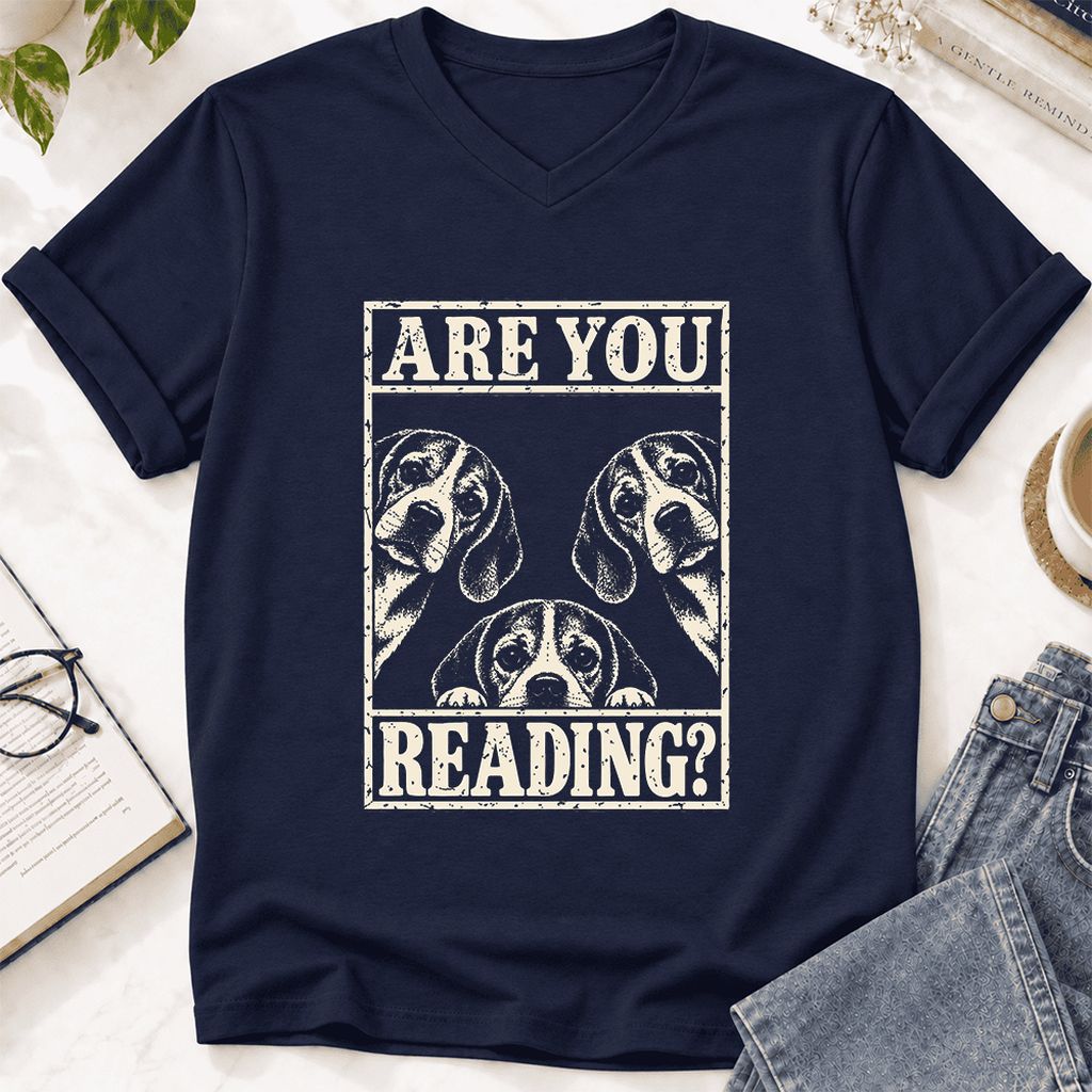 ARE YOU READING Beagle Ultra-Soft V-Neck | Dog Mom Reader Gift Navy