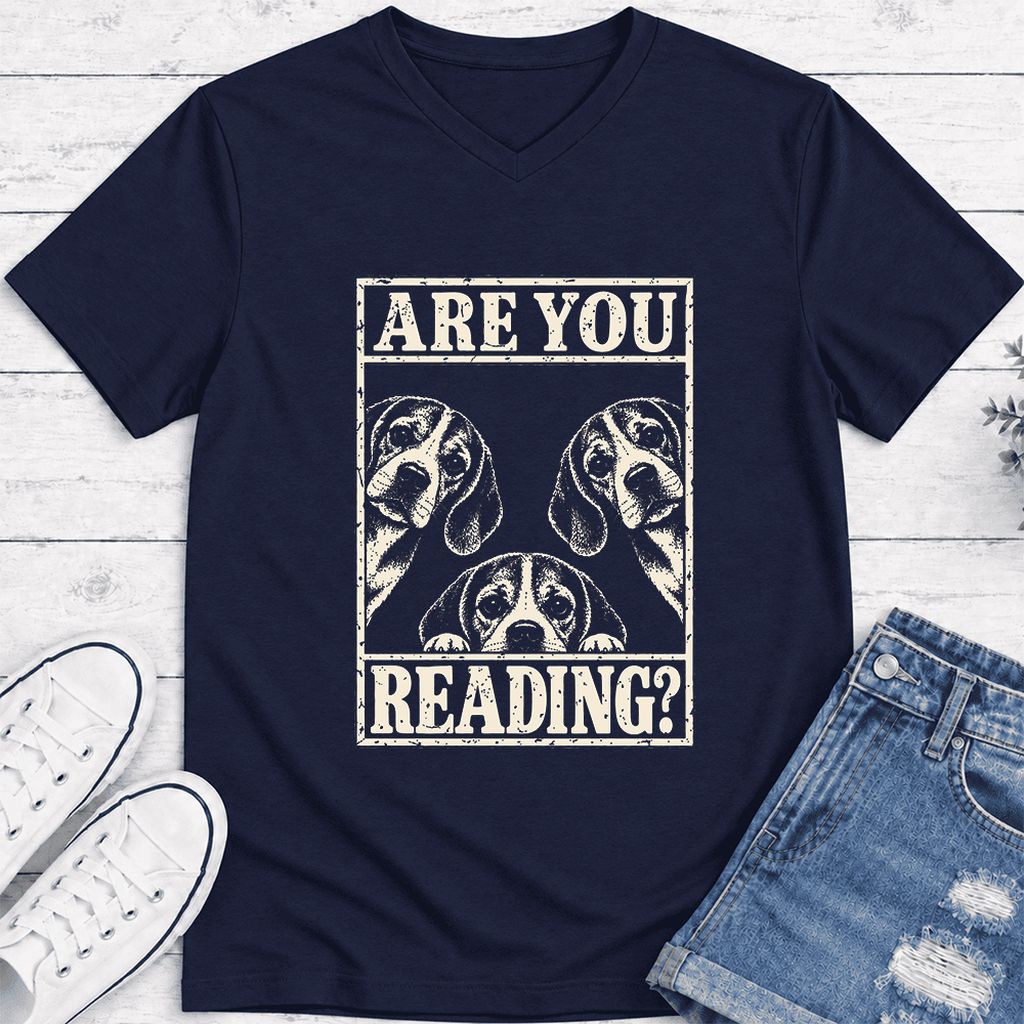 ARE YOU READING Beagle Ultra-Soft V-Neck | Dog Mom Reader Gift Navy