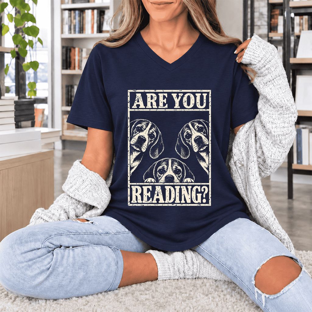 ARE YOU READING Beagle Ultra-Soft V-Neck | Dog Mom Reader Gift Navy