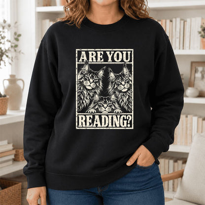 ARE YOU READING Maine Coon Printed Sweatshirt | Cat Lover Reader Gift Black