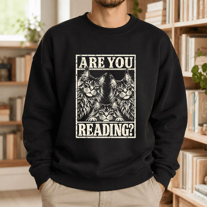 ARE YOU READING Maine Coon Printed Sweatshirt | Cat Lover Reader Gift Black