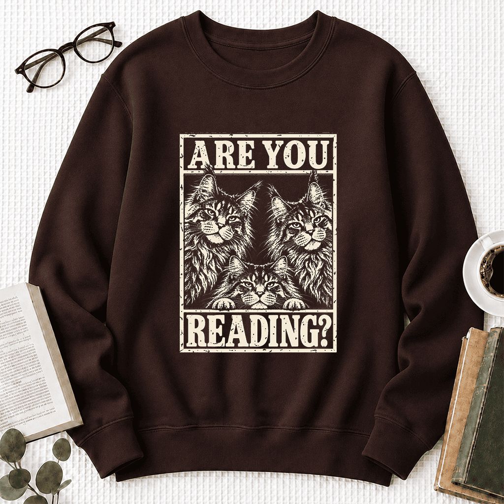 ARE YOU READING Maine Coon Printed Sweatshirt | Cat Lover Reader Gift Dark Chocolate