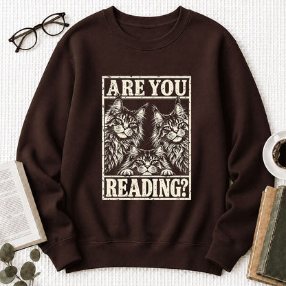 ARE YOU READING Maine Coon Printed Sweatshirt | Cat Lover Reader Gift Dark Chocolate