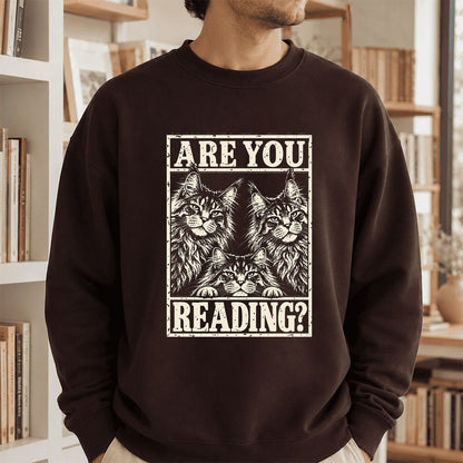 ARE YOU READING Maine Coon Printed Sweatshirt | Cat Lover Reader Gift Dark Chocolate