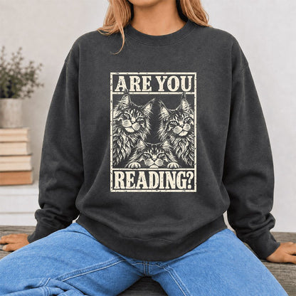 ARE YOU READING Maine Coon Printed Sweatshirt | Cat Lover Reader Gift Dark Heather