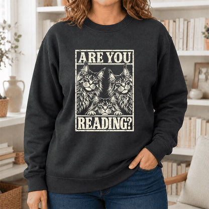 ARE YOU READING Maine Coon Printed Sweatshirt | Cat Lover Reader Gift Dark Heather