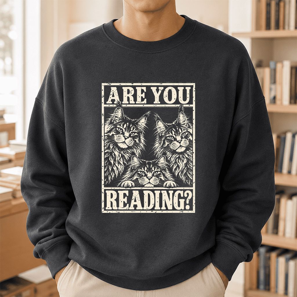 ARE YOU READING Maine Coon Printed Sweatshirt | Cat Lover Reader Gift Dark Heather