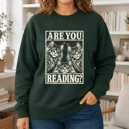 ARE YOU READING Maine Coon Printed Sweatshirt | Cat Lover Reader Gift Forest Green