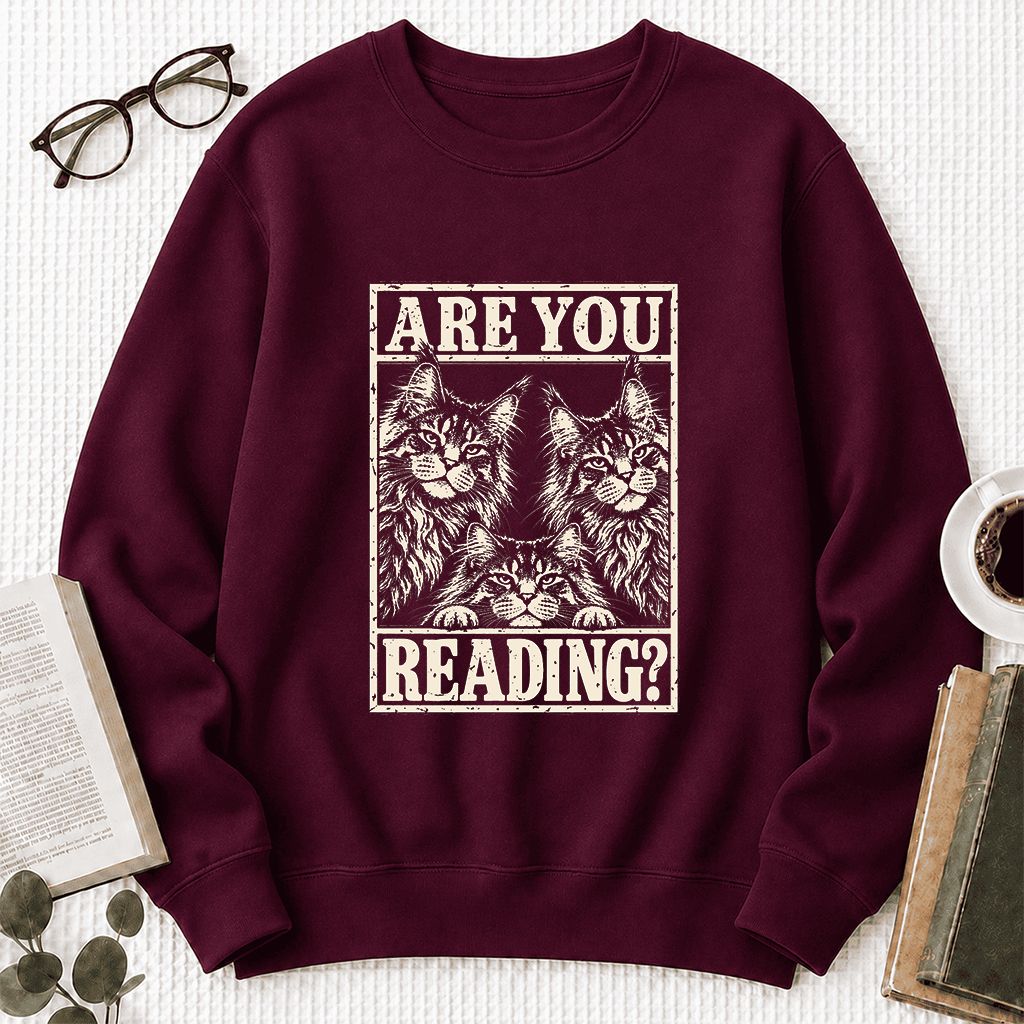 ARE YOU READING Maine Coon Printed Sweatshirt | Cat Lover Reader Gift Maroon