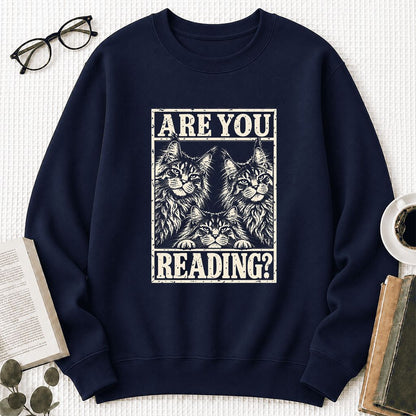 ARE YOU READING Maine Coon Printed Sweatshirt | Cat Lover Reader Gift Navy